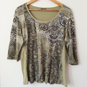 Y2K Green Paisley‎ Rhinestone Top Womens Plus Size 1X Boho Fairy Grunge Romantic